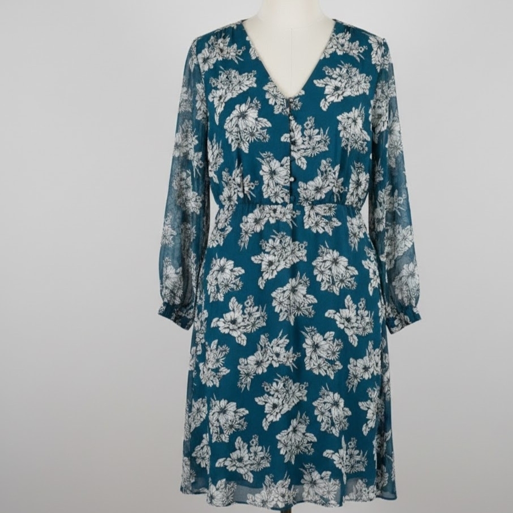 Ann Taylor Teal and White Floral Long Sleeve Dress